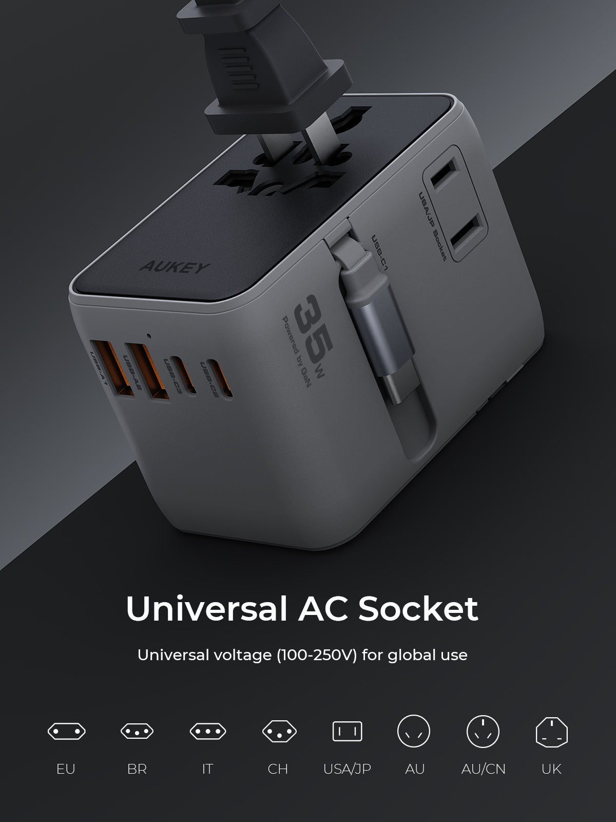 PA-TA12 35W Globe Reel 4-Port GaN Universal Fast Charging Travel Adapter w Retractable Type C Cable