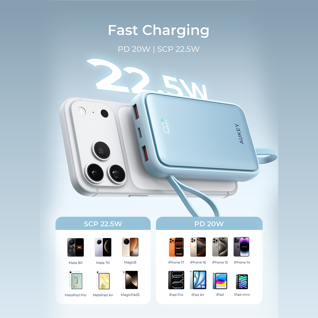 Aukey PB-Y95 Swivel Quad 10k mAh 22.5W Fast Charging Power Bank With 4 Built-in Cables- 3C Certification