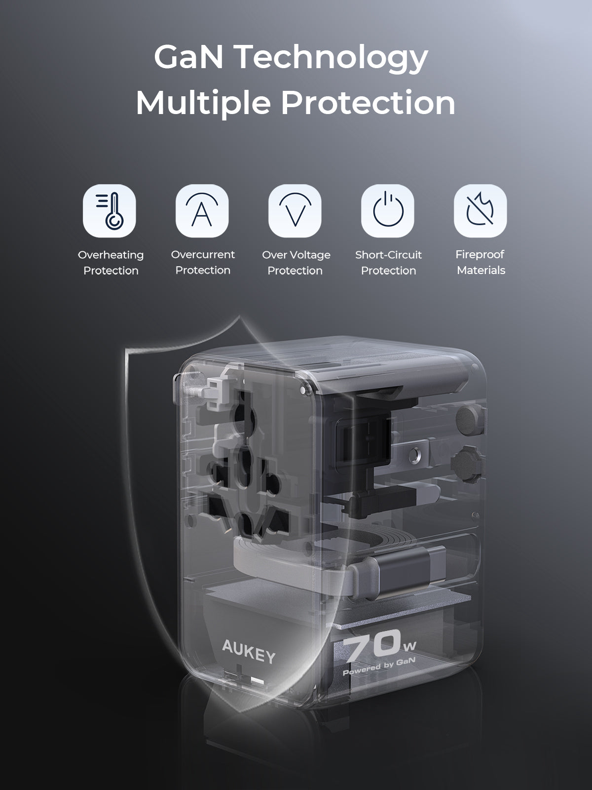 PA-TA14 70W Globe Reel 4-Port GaN Universal Fast Charging Travel Adapter w Retractable Type C Cable