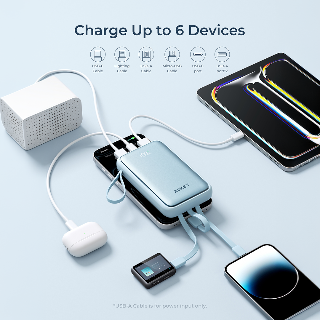 Aukey PB-Y95 Swivel Quad 10k mAh 22.5W Fast Charging Power Bank With 4 Built-in Cables- 3C Certification