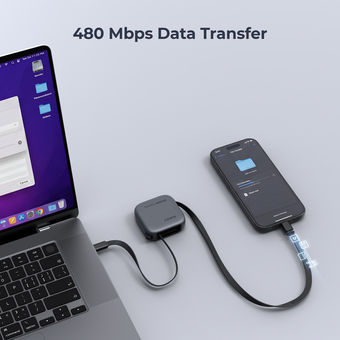 Aukey CB-DCC247 Circlet Reel 240W 0.9m DTY Braided USB-C to USB-C Retractable Cable