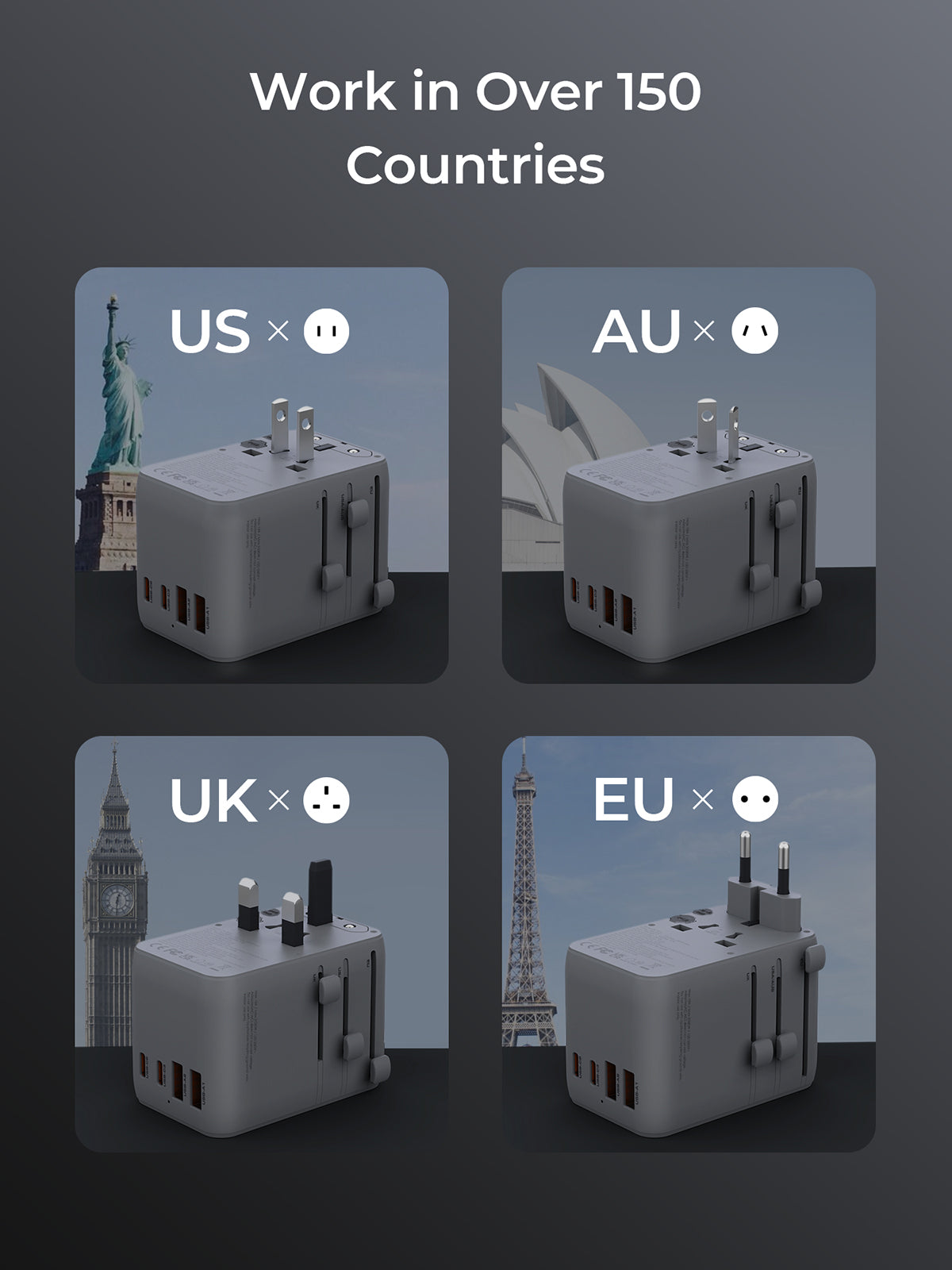 PA-TA14 70W Globe Reel 4-Port GaN Universal Fast Charging Travel Adapter w Retractable Type C Cable