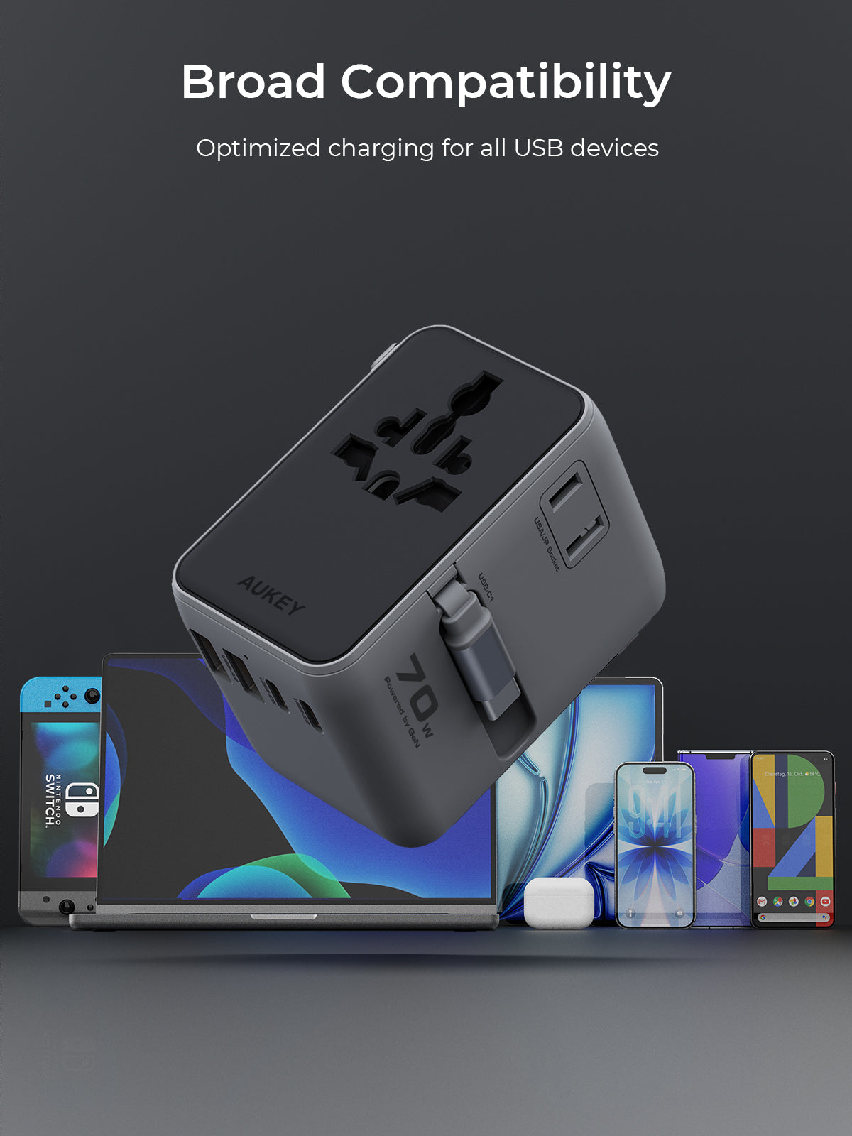 PA-TA14 70W Globe Reel 4-Port GaN Universal Fast Charging Travel Adapter w Retractable Type C Cable
