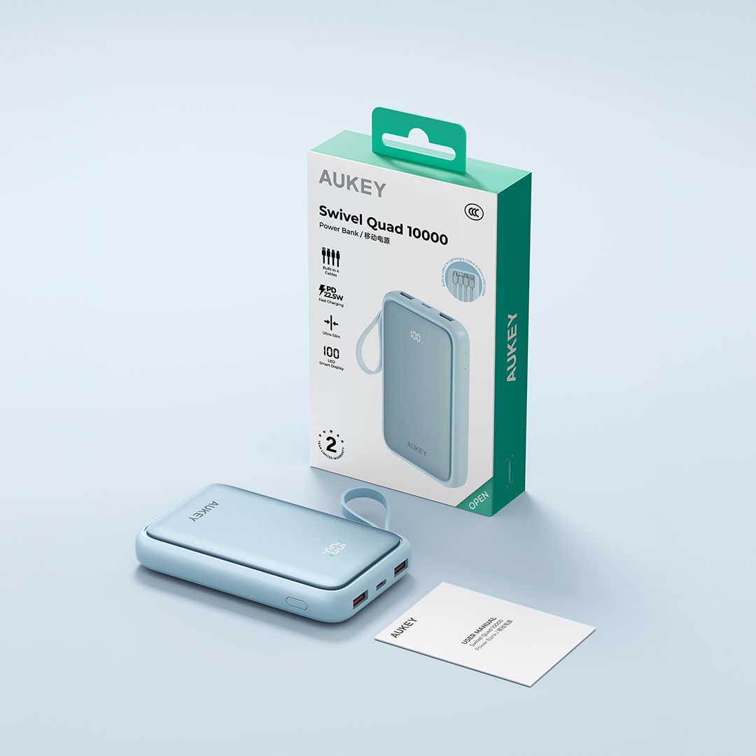 Aukey PB-Y95 Swivel Quad 10k mAh 22.5W Fast Charging Power Bank With 4 Built-in Cables- 3C Certification