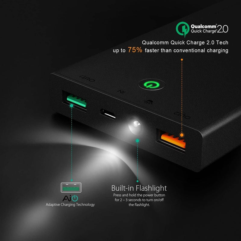 AUKEY PB-Y2 16000mAh Qualcomm Quick Charge 2.0 Power Bank With USB C Cable - Aukey Malaysia Official Store