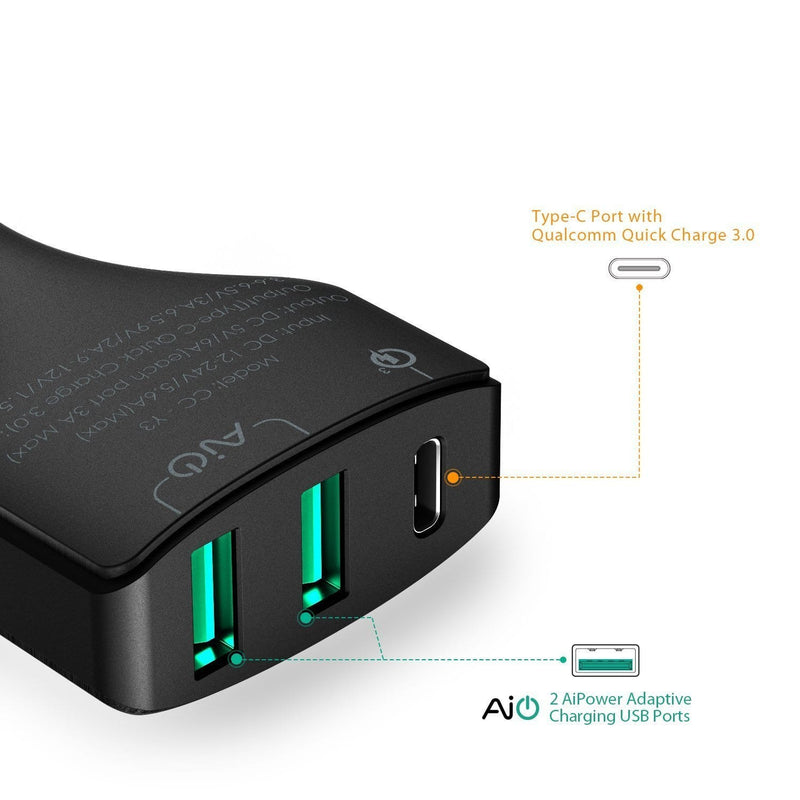 AUKEY CC-Y3 49.5W 10A AiPOWER Quick Charge 3.0 USB C Car Charger - Aukey Malaysia Official Store